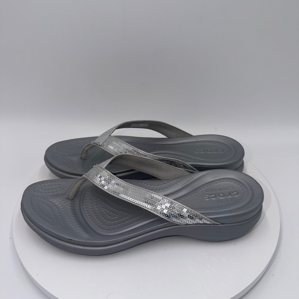 Crocs Capri V Sequin Silver Gray Flip Flop Wedge Sandals Womens 9